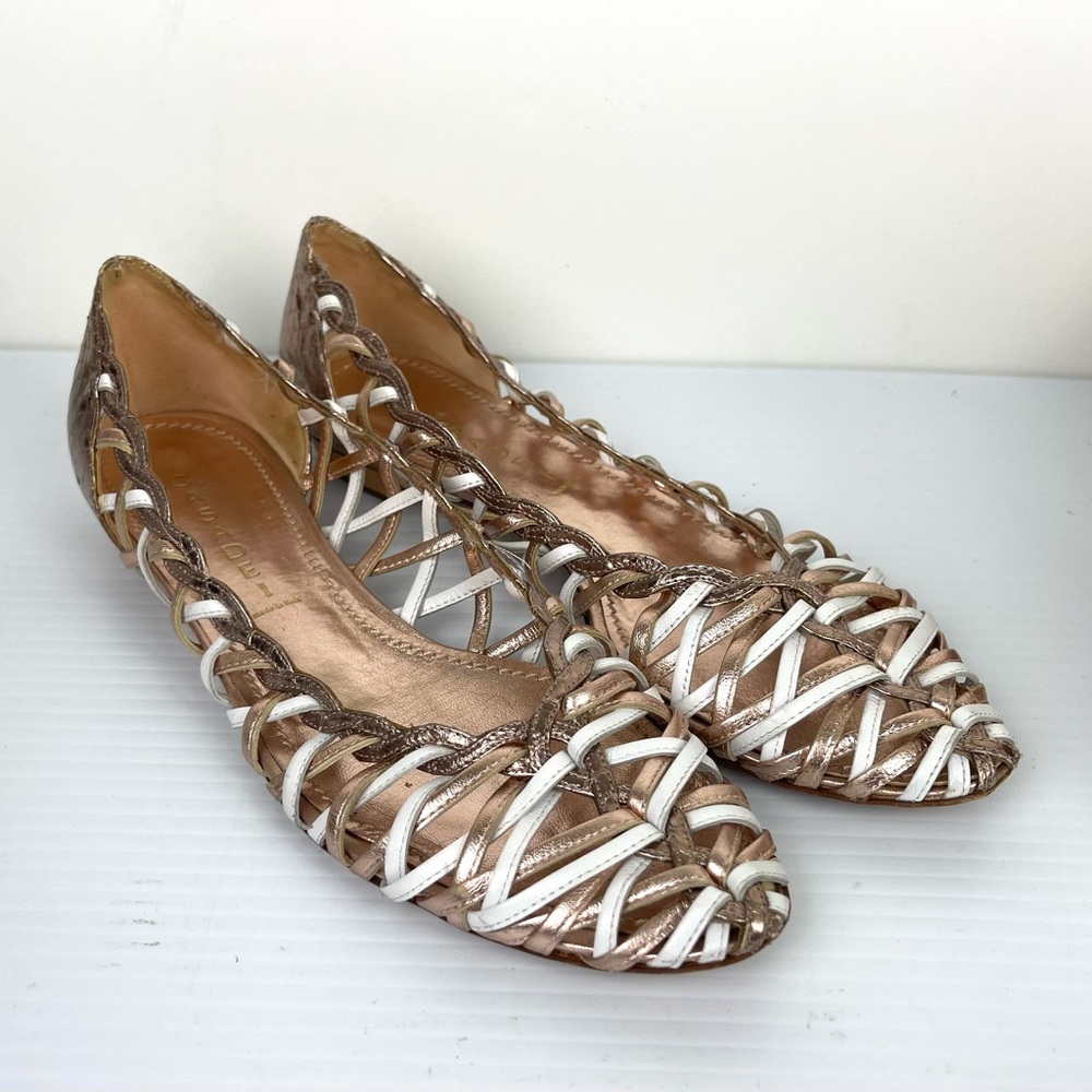 Casadei Metallic Rose Gold and White Woven Flats